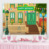 Maison de dessin animé et toile de fond de joyeux anniversaire de lampe verte